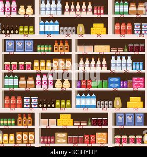 Seamless pattern supermarket shelves with assortment goods Stock Vector