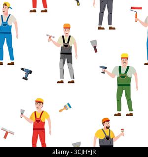 Seamless pattern construction workers uniforms repair on construction site Stock Vector