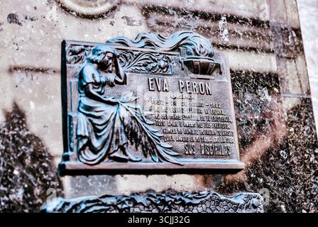 Buenos Aires, Argentina – December 22, 2022: Bronze plaque marking the grave of Eva Perón at Recoleta Cemetery, an iconic Argentine political figure. Stock Photo