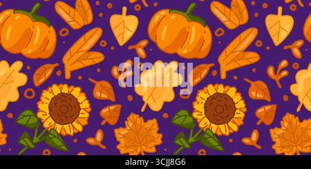 Seamless Autumn Pumpkin Leaf Pattern. Pumpkins, sunflowers and autumn leaves in cartoon flat style. Seamless colorful pattern on purple background. Stock Vector