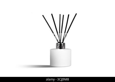 Home decor white diffuser bottle with black scented reeds on a white background with shadow Stock Photo