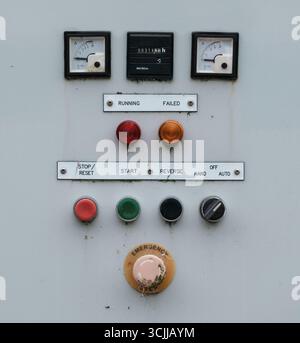 Industrial Power Station Control Panel With Switches, Buttons, And Emergency Stop For Machinery Operation Stock Photo