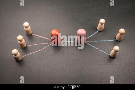 Illustration of two group leaders forming connections with their teams using chalk arrows, representing collaboration, influence, and social dynamics. Stock Photo