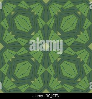 Seamless geometric pattern from lines and dots. Vector square diagonal ornament. Green colors pattern. Strict monochrome design. Mosaic tile Stock Vector