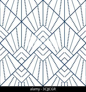 Seamless geometric pattern from lines and dots. Vector decorative square diagonal ornament. Blue pattern on white background. Strict monochrome design Stock Vector