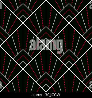 Seamless geometric pattern from white lines and red dots on black background. Vector decorative square diagonal ornament. Strict monochrome design. Mo Stock Vector