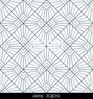 Seamless geometric pattern from lines and dots. Vector decorative square diagonal ornament. Blue pattern on white background. Strict monochrome design Stock Vector