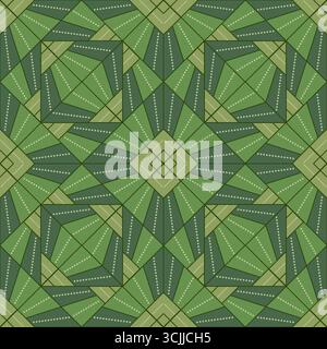 Seamless geometric pattern from lines and dots. Kaleidoscope decorative square diagonal ornament. Green colors pattern. Strict monochrome design. Mosa Stock Vector