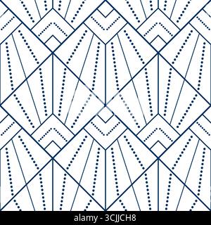 Seamless geometric pattern from lines and dots. Vector decorative square diagonal ornament. Blue pattern on white background. Strict monochrome design Stock Vector