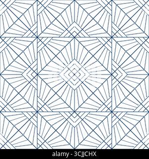Seamless geometric pattern from lines and dots. Vector decorative square diagonal ornament. Blue pattern on white background. Strict monochrome design Stock Vector