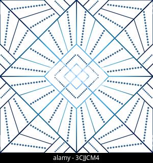 Seamless geometric pattern from lines and dots. Vector decorative square diagonal ornament. Blue gradient pattern on white background. Strict monochro Stock Vector