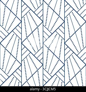 Seamless geometric pattern from lines and dots. Vector decorative vertical ornament of triangles. Blue pattern on white background. Strict monochrome Stock Vector