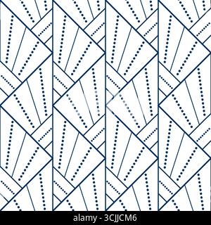 Seamless geometric pattern from lines and dots. Vector decorative vertical ornament of triangles. Blue pattern on white background. Strict monochrome Stock Vector