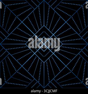 Seamless geometric pattern from lines and dots. Vector decorative square diagonal ornament. Blue gradient pattern on black background. Strict monochro Stock Vector
