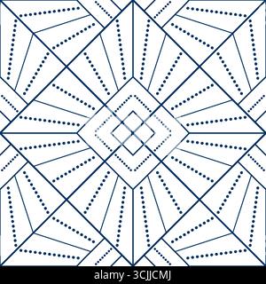 Seamless geometric pattern from lines and dots. Vector decorative square diagonal ornament. Blue pattern on white background. Strict monochrome design Stock Vector