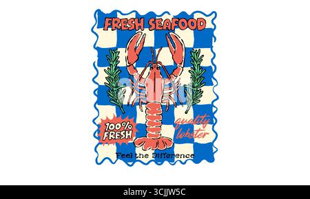Vintage illustration of a fresh quality lobster. Retro Fresh Seafood artwork for restaurant menu, poster, t shirt print Stock Vector