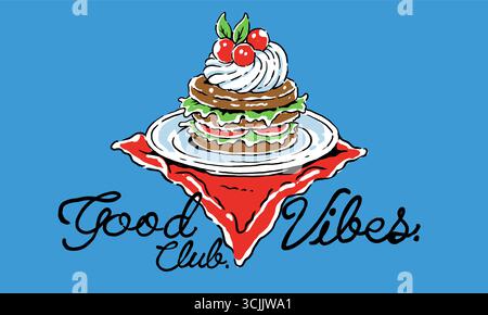 Vintage artwork of a layered cake with cherries. Retro Good Vibes Club illustration for bakery t shirt print, poster Stock Vector