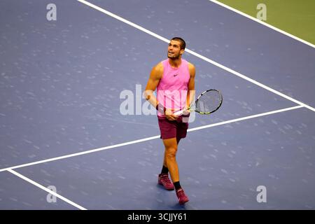 Flushing Meadows, New York - Number 2 seed Carlos Alcaraz of, Spain. 7th Sep, 2025. celebrates after winning men's final against Jannik Sinner of Italy at the US Open. Credit: Adam Stoltman/Alamy Live News Stock Photo