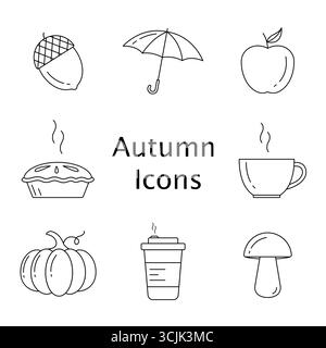 Autumn icons. Icon set in trendy line style: pie, umbrella, cup of tea, coffee, pumpkin, acorn, apple, mushroom. Vector illustration. Stock Vector