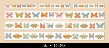 Groovy Retro Seamless Border Butterfly Set Stock Vector