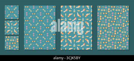 Cartoon Seamless Sunscreen Bottle Pattern Set Stock Vector