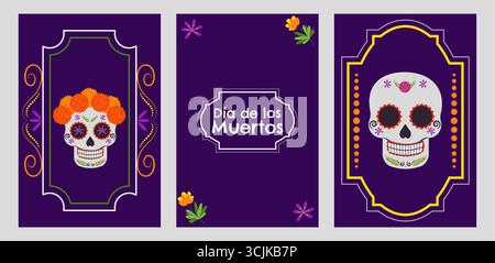 Day of the Dead Mexico poster set. National holiday September 16, Cinco de Mayo. Dia De Los Muertos. Colorful Mexican flowers. Fiesta poster party flyer greeting card. Vector illustration Stock Vector