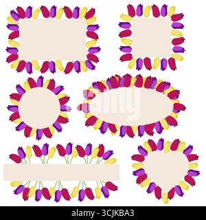 Set of tulip frames. Decorative frames of different shapes. Floral element for your design. Vector illustration isolated on white background. Stock Vector