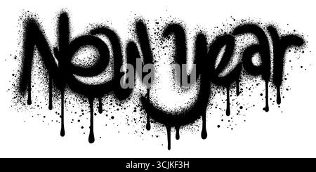 Sprayed New Year font graffiti with over spray in black over white.Vector Illustration for printing, backgrounds, posters, stickers. Stock Vector