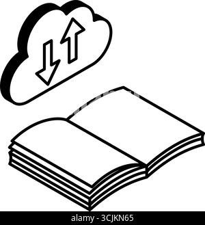 Online learning cloud downloading book reading isometric simple line icon, black and white, Vector Illustration Stock Vector