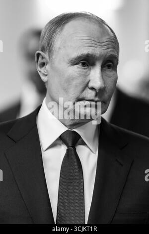 Russian President Vladimir Putin entering the joint press conference with President Donald Trump at the Arctic Warrior Event Center at Joint Base Elmendorf Richardson in Anchorage, Alaska, on Friday, August 15, 2025. Stock Photo