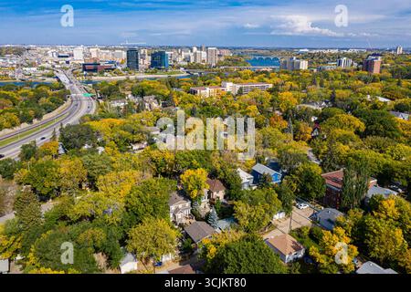 Aerial view of the Nutana neighborhood of Saskatoon looking North from 8th Street and Lorne Avenue towards downtown.  Sept. 17, 2019 Stock Photo