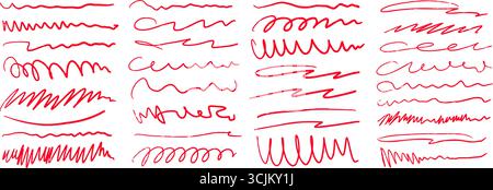 Red hand drawn brush strokes set. Sketched doodle scrawl lines collection. Jagged, wavy, squiggle scribble stripes pack. Marker note signs bundle for mark, emphasis, accent, highlight. Vector Stock Vector
