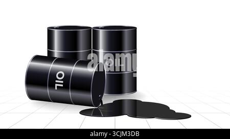 Black barrels with crude oil, petroleum products. Spilled puddle of crude oil. Realistic black metal barrel for fuel. Concept falling prices, crisis Stock Vector