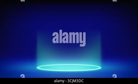 Futuristic glowing blue stage, studio. Empty room, circular cyan neon lighting in floor. The product levitates, hangs. Background. Displaying products Stock Vector