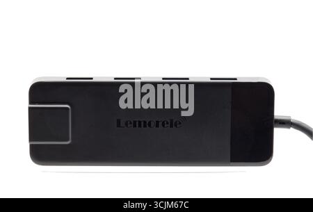 A sleek black Lemorele USB hub with multiple expansion ports on white background, ready for digital connectivity. Stock Photo