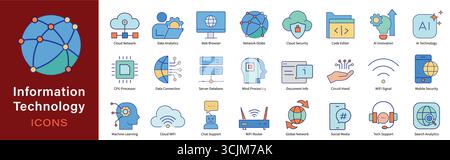 Information Technology Icons Pack – 24 Editable Symbols for Networking, AI, Cloud, Security and Software Stock Vector