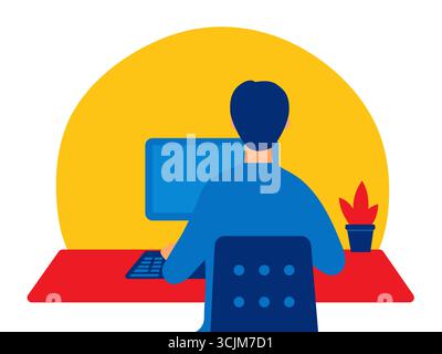 Man working on a computer at home. Stock Vector