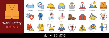 Essential Work Safety Icons Set. Flat Vector Set for Industrial Gear, Equipment and Protection Stock Vector