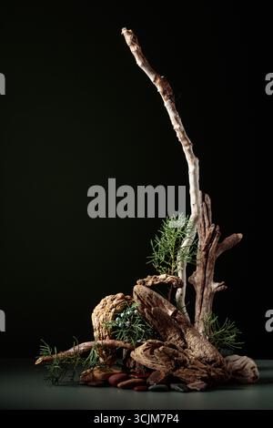 Nature scene with a composition of juniper, stones, and dry snags. Dark background for cosmetic, beauty product branding, identity, and packaging. Cop Stock Photo