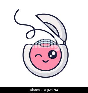Kawaii dental floss character. Cute oral care character. Pediatric dentistry concept. Doodle style dental floss illustration isolated on white. Oral hygiene concept. Dental cleaning tool Stock Vector