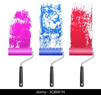 Color paint rollers set isolated on white background. Vector realistic illustration of pink, blue, red brush strokes on wall, color samples with grainy texture for repair renovation, abstract lines Stock Vector