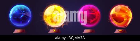Magic glowing fortune teller ball set with mystery orbs and luminous energy spheres for game assets. Radiant globes with lightning cracks, yellow swirls, pink mist and orange sparkles for wizard power Stock Vector