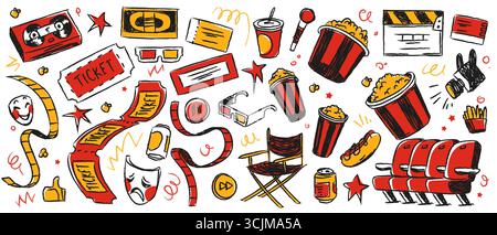 Cinema doodle icons with movie theater elements for graphic design. Red and yellow pencil sketched television assets - popcorn and film strip, ticket and 3D glasses, director chair and theater seats Stock Vector