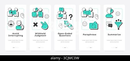 Active listening techniques mobile app onboarding screens Stock Vector