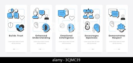 Active listening benefits mobile app onboarding screens Stock Vector