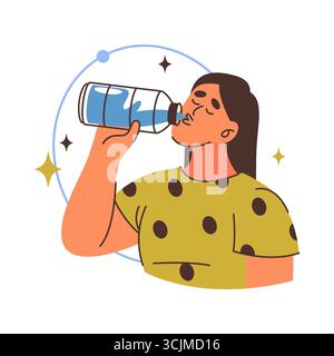 Woman drinking water. Vector H2O drink from bottle. Hydration habit and healthy lifestyle, fluid balance and clean liquid consumption clipart. Daily routine for vitality and fitness, refreshment. Stock Vector