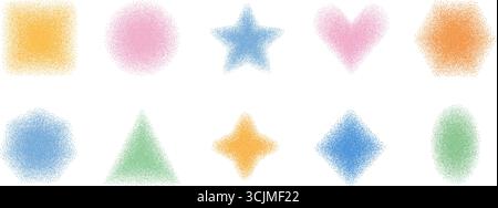 Halftone misty geometric shapes. Simple figures with noise set. Text boxes grainy effect. Oval and triangle textured frames. Star, rectangle, heart an Stock Vector