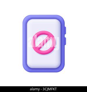 Purple smartphone with pink no entry or prohibition symbol. Restriction, banned content, app blocking, parental control concept. 3d vector icon. Carto Stock Vector