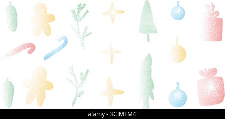 Soft colorful grain noise Christmas elements set. Transition dotwork gradient xmas balls, twinkles and gift boxes with gingerbread cookies. Blue, gree Stock Vector