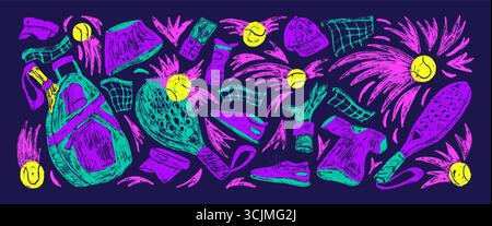 Padel tennis colorful neon chalk textured set. Racket, ball, sport backpack hand drawn doodle isolated on white background. Scribble sport club equipm Stock Vector
